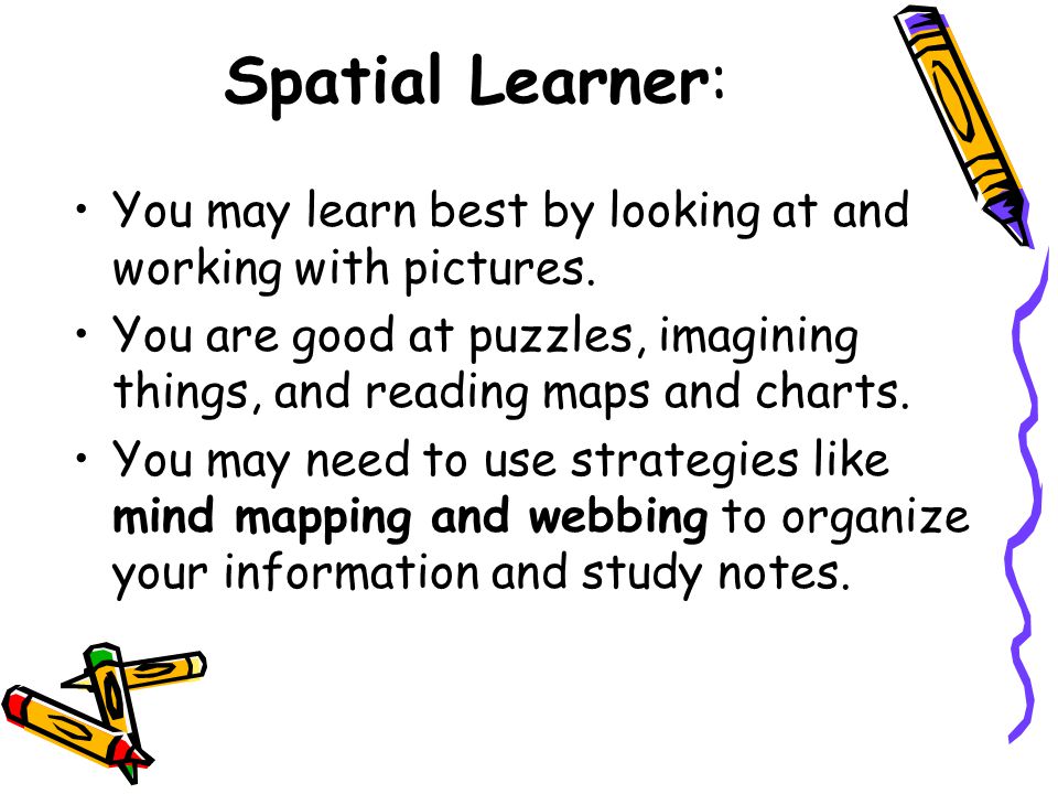 Spatial Learner: You may learn best by looking at and working with pictures. You are good at puzzles, imagining things, and reading maps and charts.