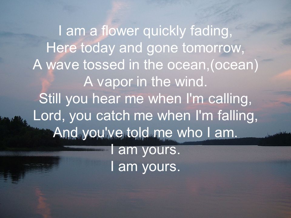 I am a flower quickly fading, Here today and gone tomorrow, A wave tossed in the ocean,(ocean) A vapor in the wind.