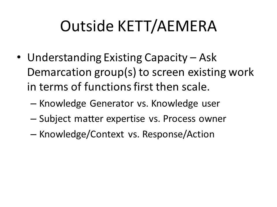 Outside KETT/AEMERA Understanding Existing Capacity – Ask Demarcation group(s) to screen existing work in terms of functions first then scale.