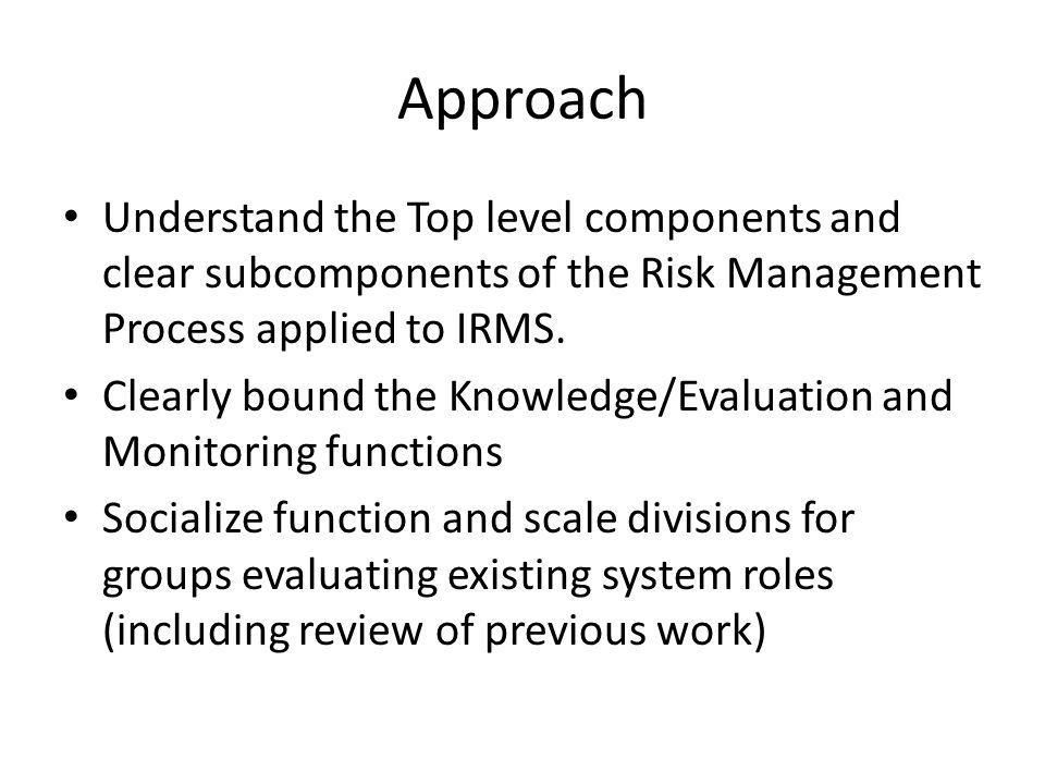 Approach Understand the Top level components and clear subcomponents of the Risk Management Process applied to IRMS.