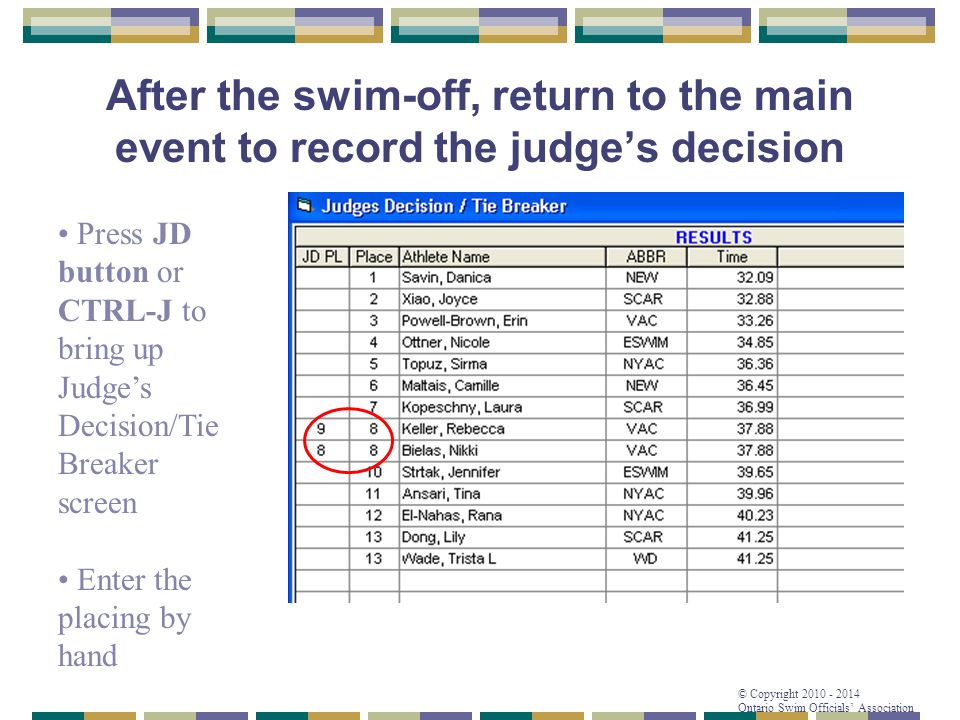 After the swim-off, return to the main event to record the judge’s decision