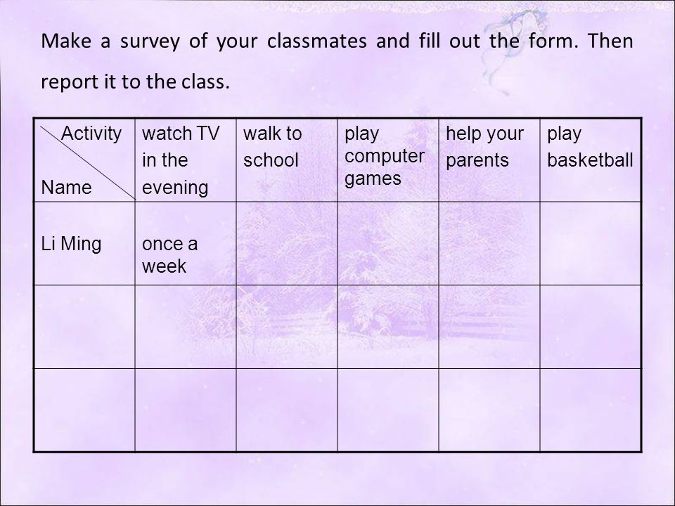 Make a survey of your classmates and fill out the form