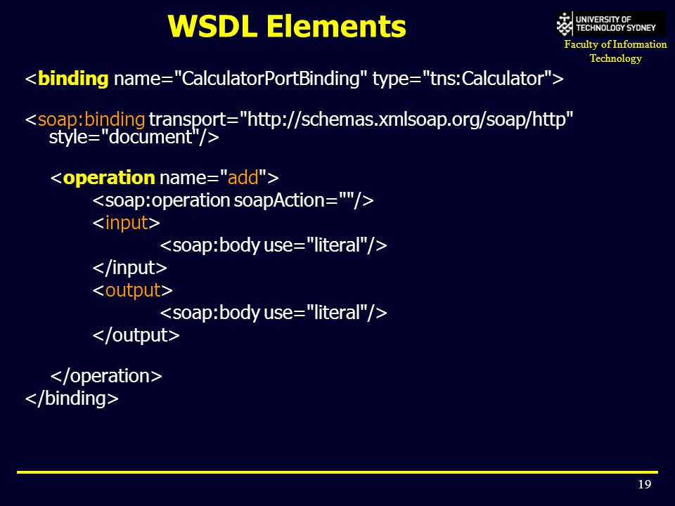 WSDL Elements <binding name= CalculatorPortBinding type= tns:Calculator >