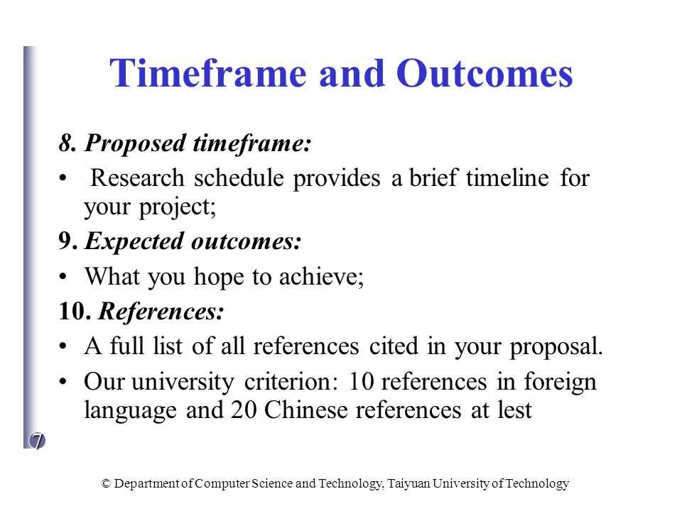 Timeframe and Outcomes
