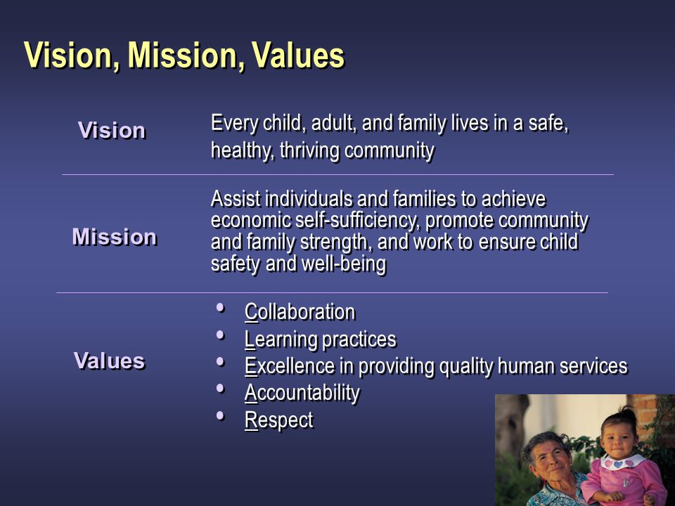 Vision, Mission, Values Every child, adult, and family lives in a safe, healthy, thriving community.