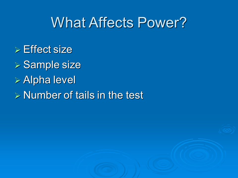 What Affects Power Effect size Sample size Alpha level