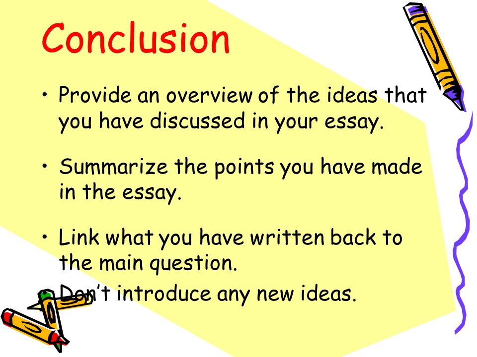 Conclusion Provide an overview of the ideas that you have discussed in your essay. Summarize the points you have made in the essay.