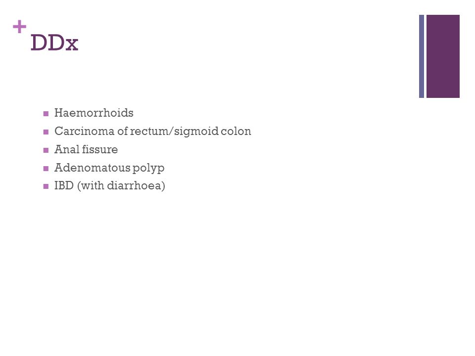 DDx Haemorrhoids Carcinoma of rectum/sigmoid colon Anal fissure