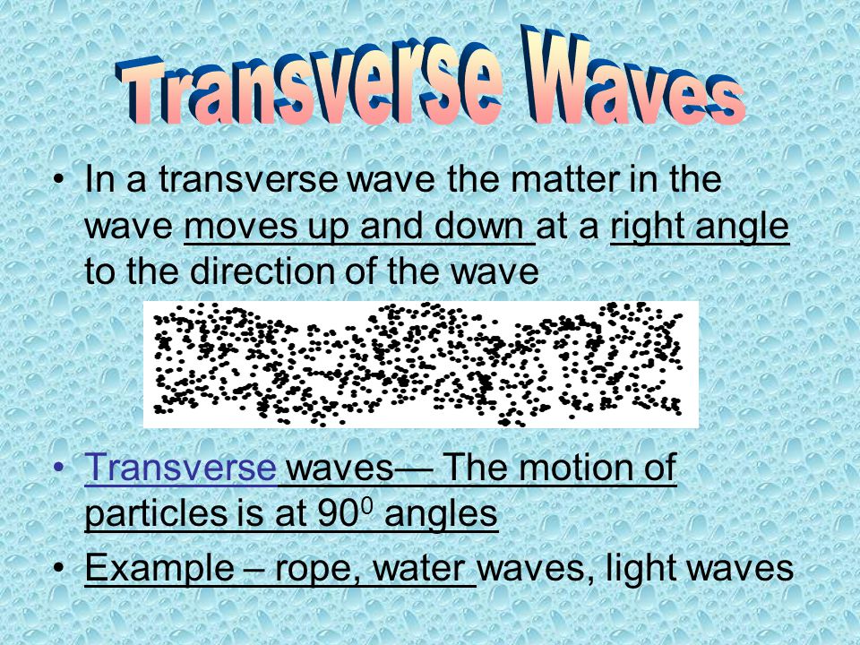 Transverse Waves In a transverse wave the matter in the wave moves up and down at a right angle to the direction of the wave.