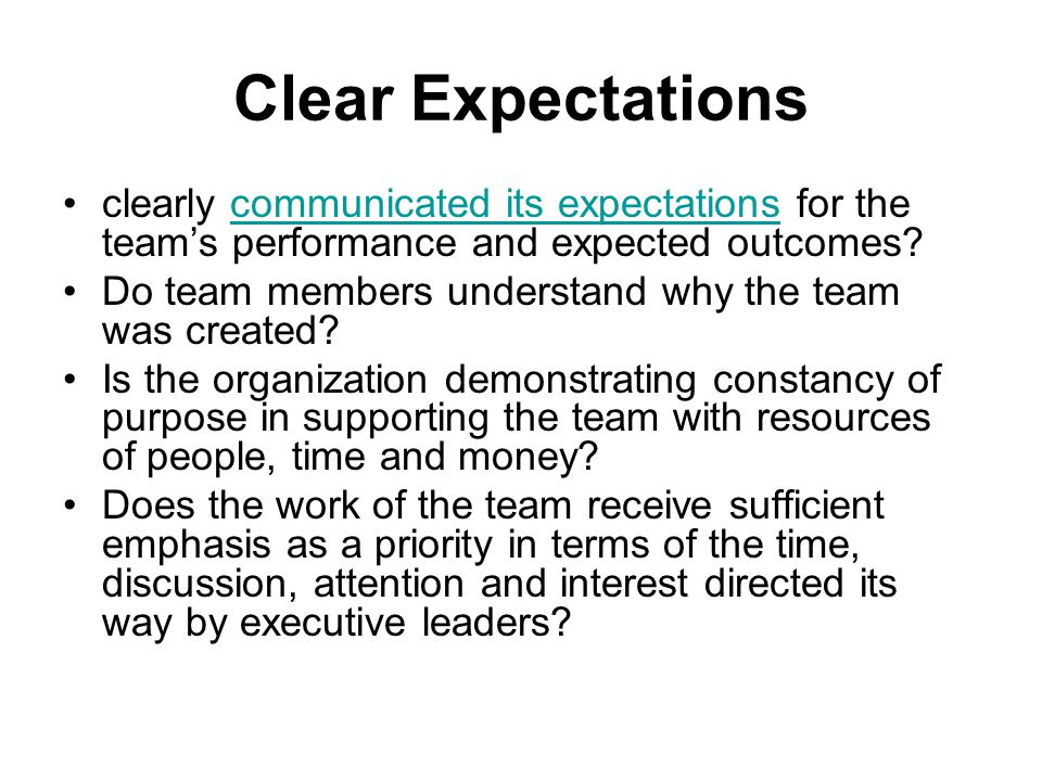 Clear Expectations clearly communicated its expectations for the team’s performance and expected outcomes