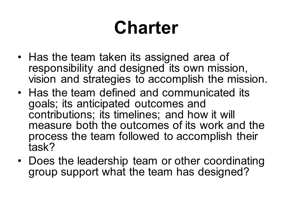 Charter Has the team taken its assigned area of responsibility and designed its own mission, vision and strategies to accomplish the mission.