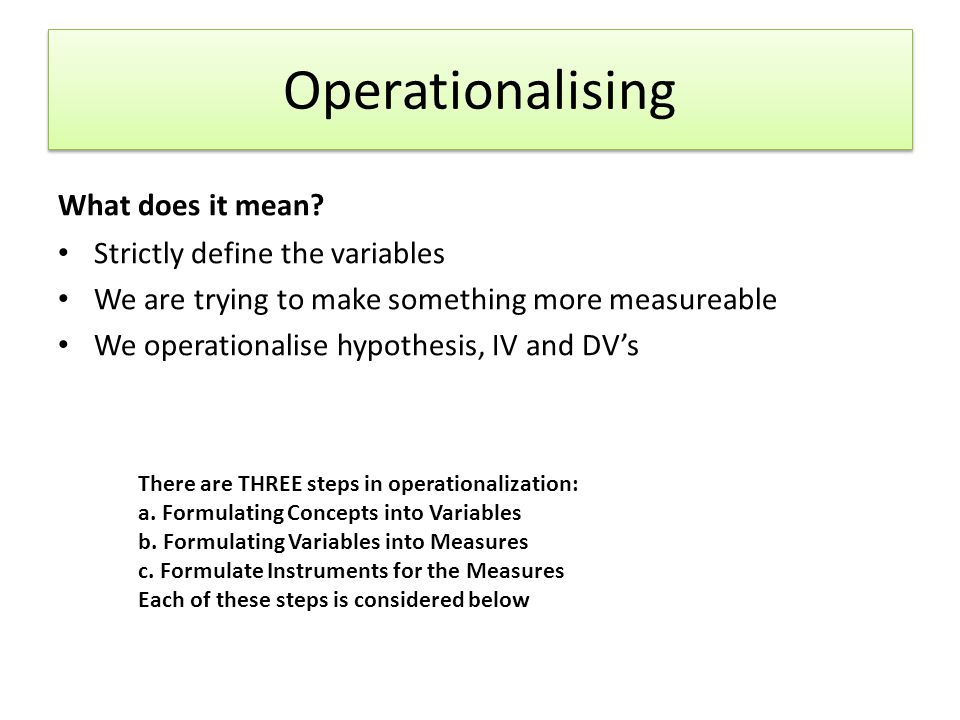 Operationalising What does it mean Strictly define the variables