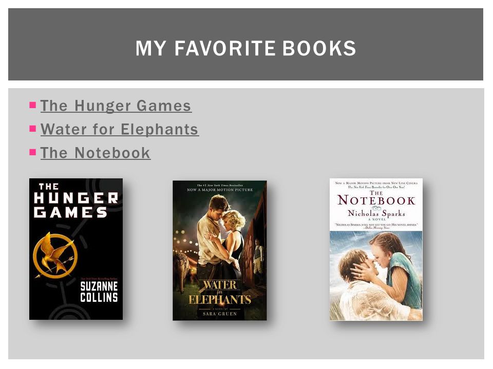 My Favorite Books The Hunger Games Water for Elephants The Notebook