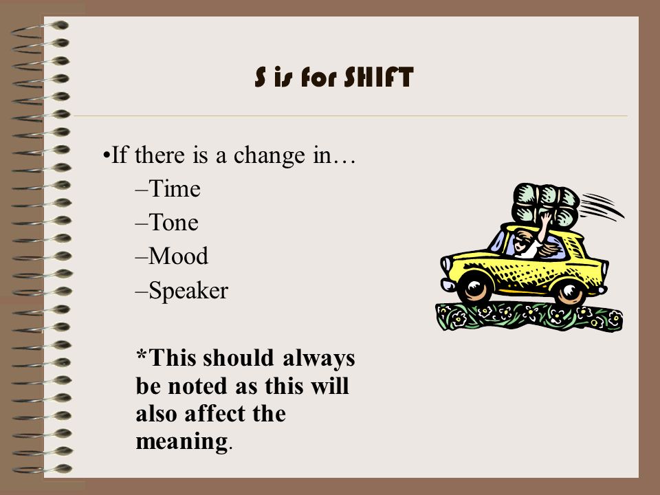 S is for SHIFT If there is a change in… Time Tone Mood Speaker