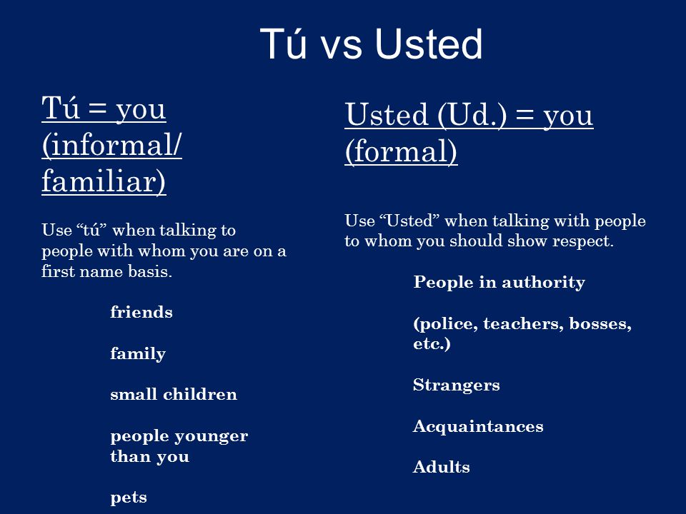 Tú vs Usted Tú = you (informal/ Usted (Ud.) = you (formal) familiar)