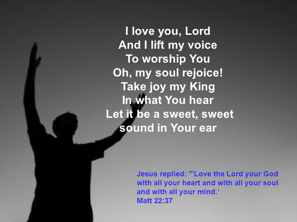 I love you, Lord And I lift my voice To worship You Oh, my soul rejoice! Take joy my King In what You hear Let it be a sweet, sweet sound in Your ear