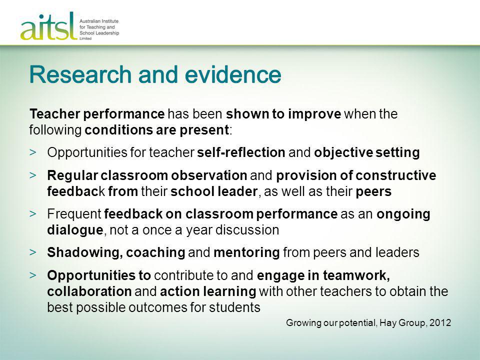 Research and evidence Teacher performance has been shown to improve when the following conditions are present: