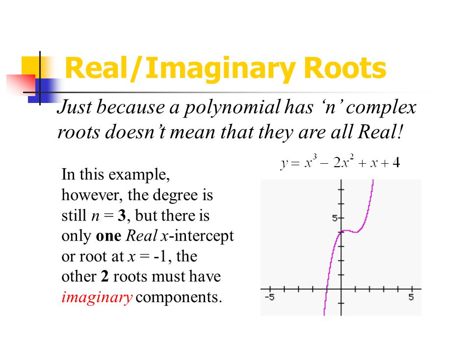 Real/Imaginary Roots Just because a polynomial has ‘n’ complex roots doesn’t mean that they are all Real!