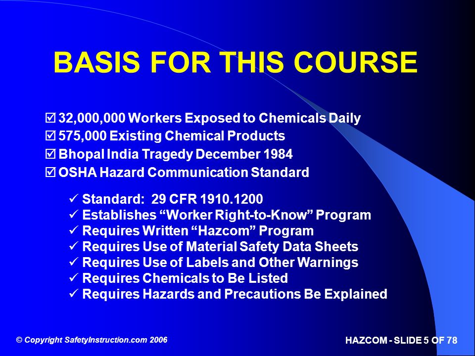BASIS FOR THIS COURSE 32,000,000 Workers Exposed to Chemicals Daily