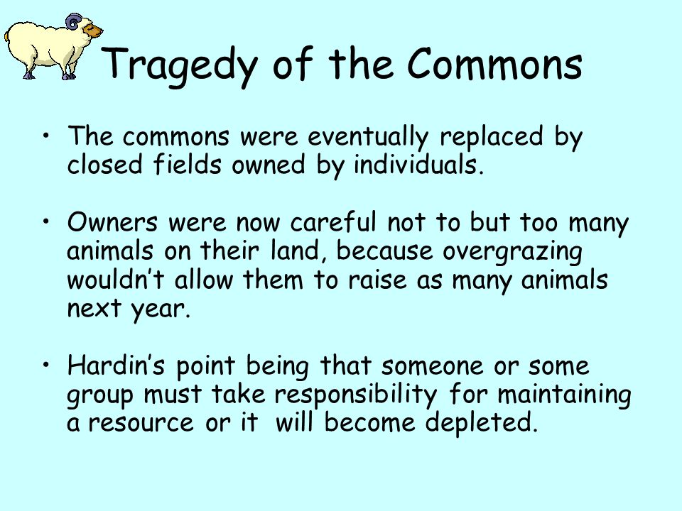 Tragedy of the Commons The commons were eventually replaced by closed fields owned by individuals.