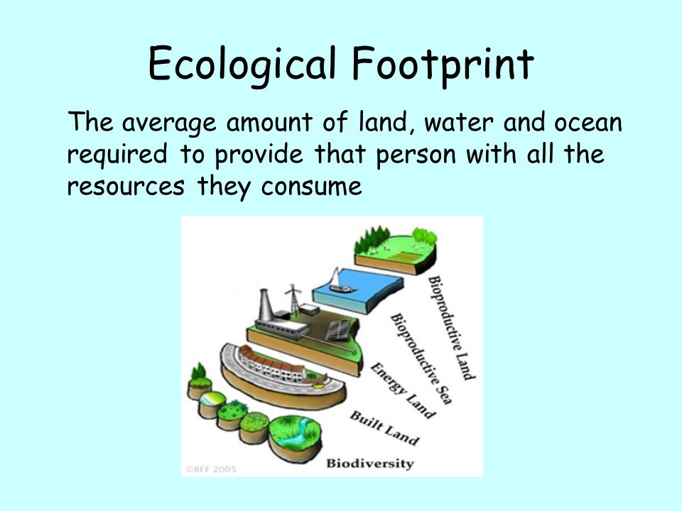 Ecological Footprint The average amount of land, water and ocean required to provide that person with all the resources they consume.
