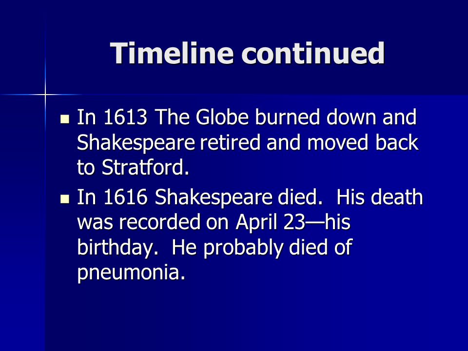 Timeline continued In 1613 The Globe burned down and Shakespeare retired and moved back to Stratford.