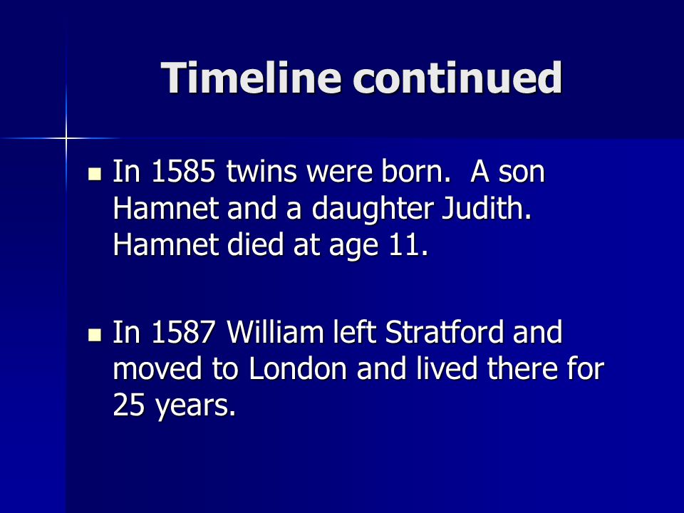 Timeline continued In 1585 twins were born. A son Hamnet and a daughter Judith. Hamnet died at age 11.