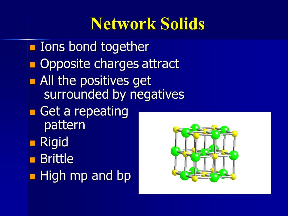Network Solids Ions bond together Opposite charges attract