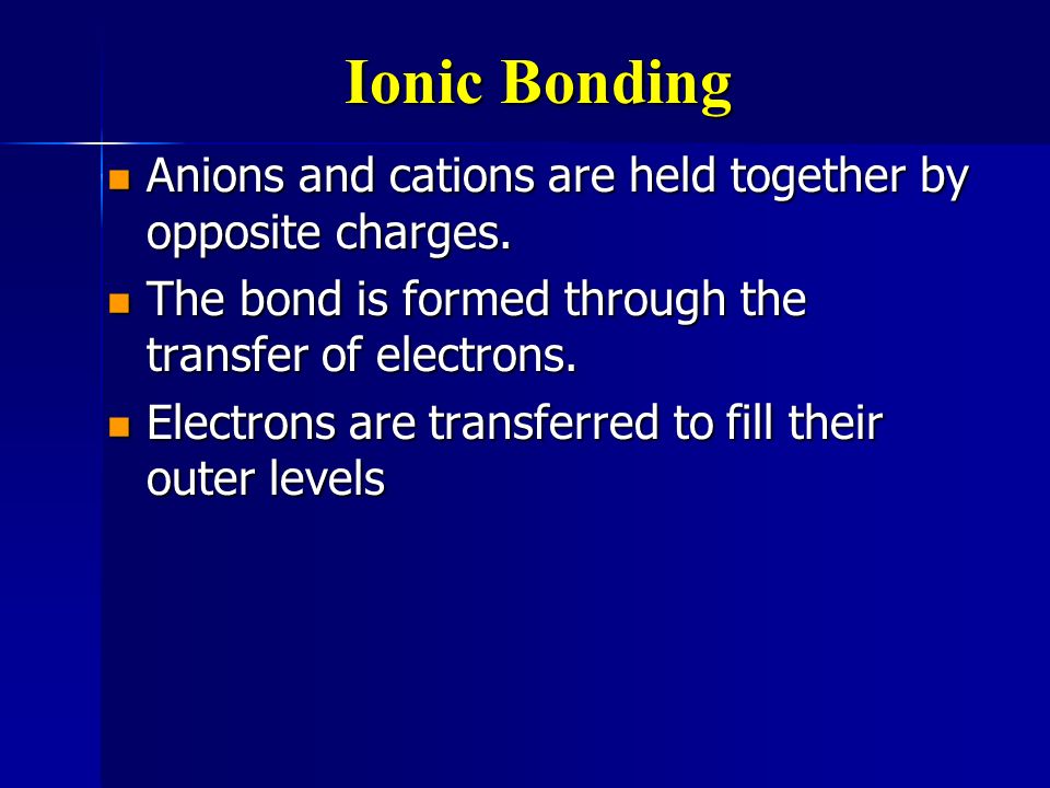 Ionic Bonding Anions and cations are held together by opposite charges. The bond is formed through the transfer of electrons.