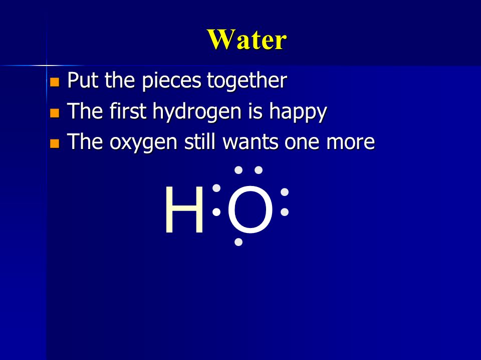 H O Water Put the pieces together The first hydrogen is happy
