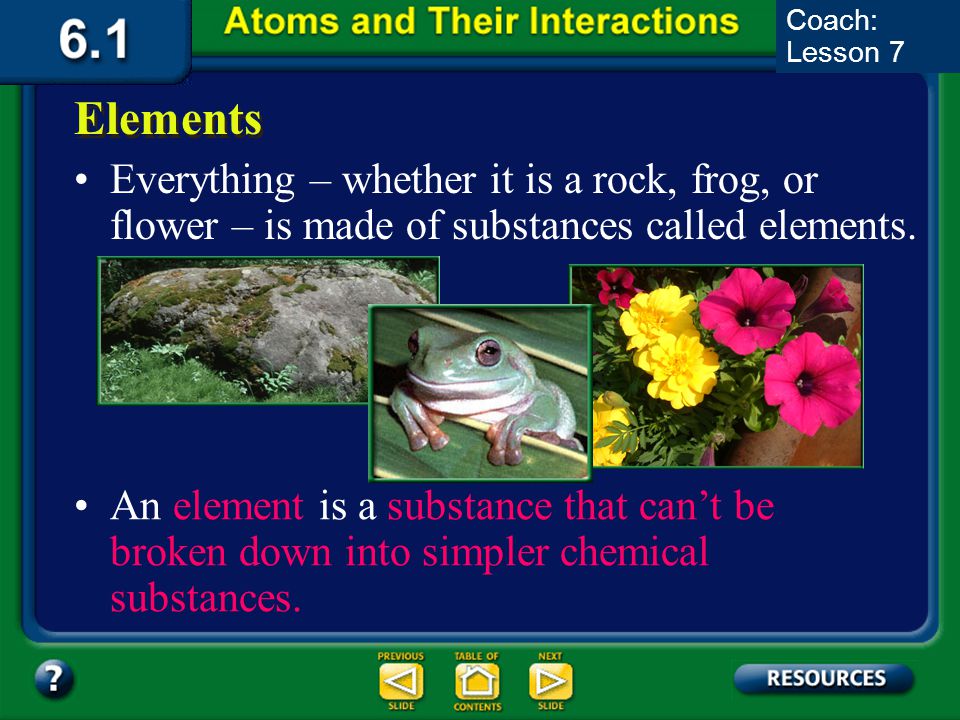 Coach: Lesson 7 Elements. Everything – whether it is a rock, frog, or flower – is made of substances called elements.
