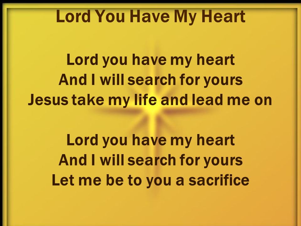 Lord You Have My Heart Lord you have my heart And I will search for yours Jesus take my life and lead me on Lord you have my heart And I will search for yours Let me be to you a sacrifice