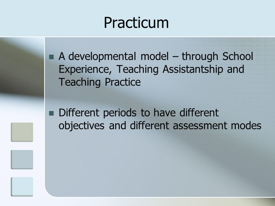 Practicum A developmental model – through School Experience, Teaching Assistantship and Teaching Practice.