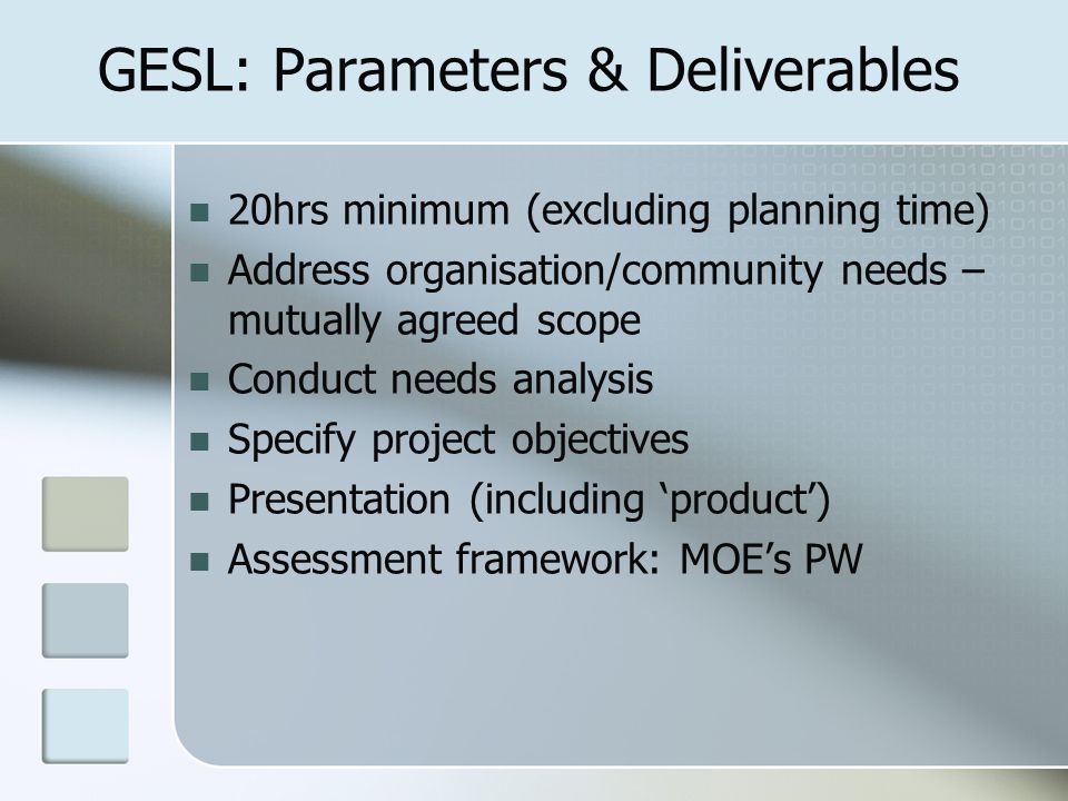 GESL: Parameters & Deliverables