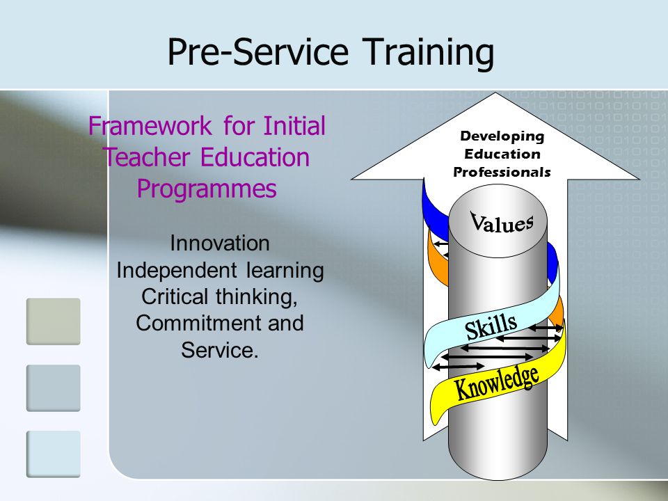 Pre-Service Training Developing Education Professionals. Knowledge. Skills. Values. Framework for Initial Teacher Education Programmes.