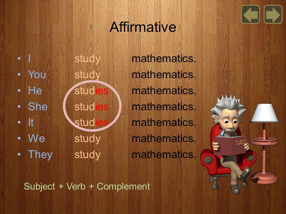 Affirmative I study mathematics. You study mathematics.