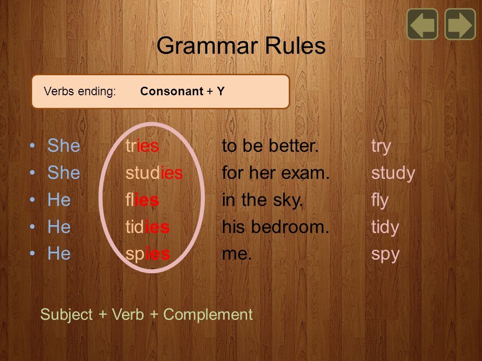 Grammar Rules She tries to be better. She studies for her exam.