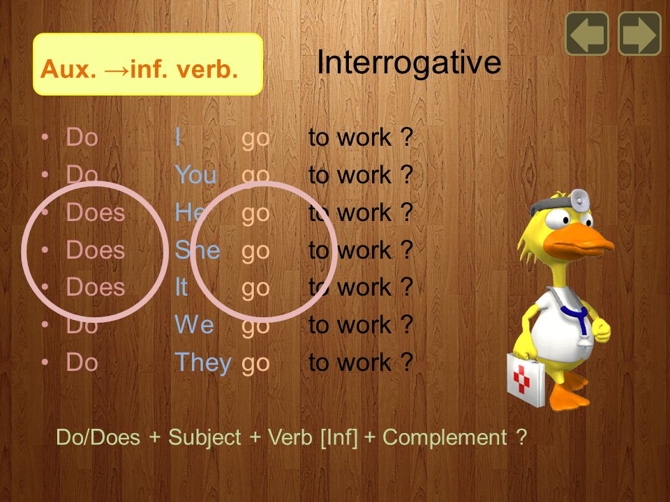 Interrogative Aux. →inf. verb. Do I go to work Do You go to work