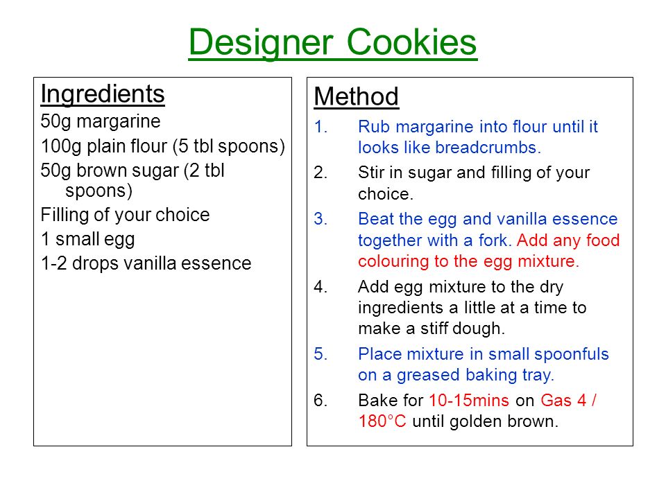Designer Cookies Ingredients Method 50g margarine