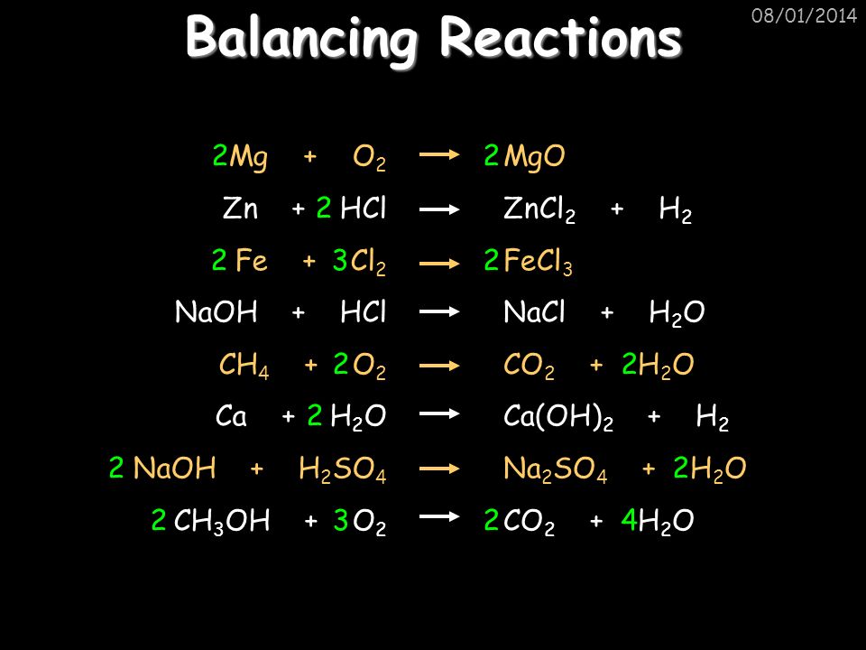 Balancing Reactions Mg + O2 Zn + HCl Fe + Cl2 NaOH + HCl