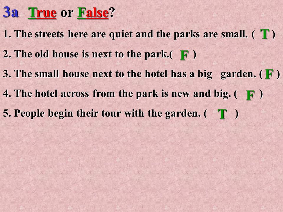 3a True or False 1. The streets here are quiet and the parks are small. ( ) 2. The old house is next to the park.( )