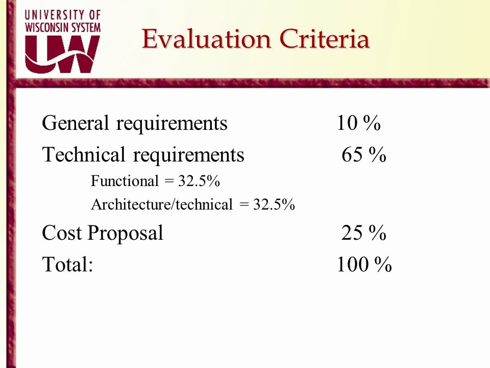Evaluation Criteria General requirements 10 %