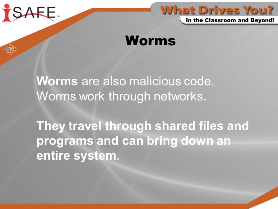 Worms Worms are also malicious code. Worms work through networks.