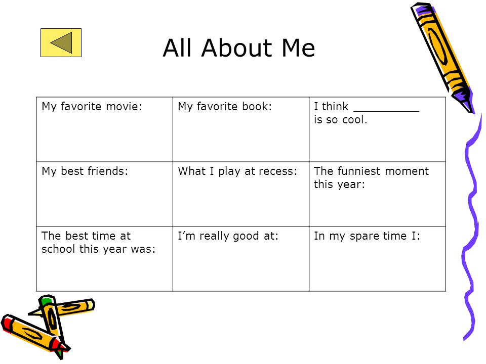All About Me My favorite movie: My favorite book: I think __________