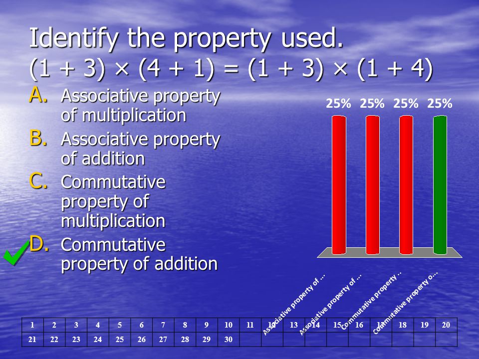 Identify the property used. (1 + 3) × (4 + 1) = (1 + 3) × (1 + 4)