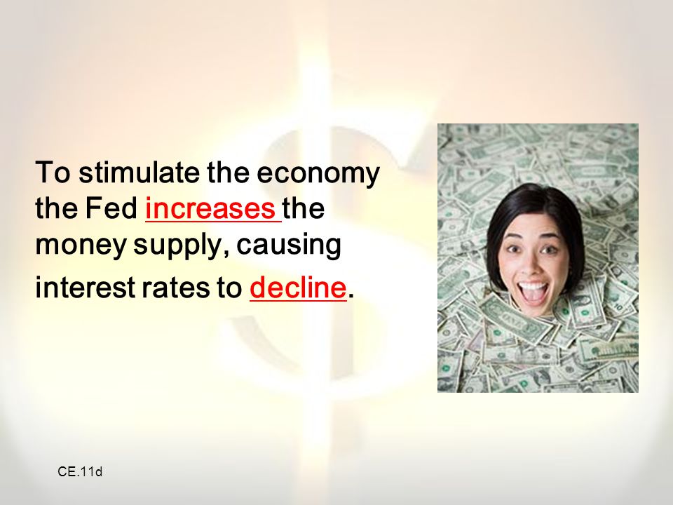 To stimulate the economy the Fed increases the money supply, causing interest rates to decline.