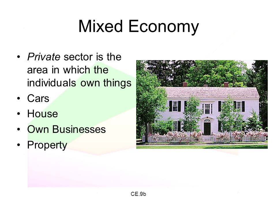 Mixed Economy Private sector is the area in which the individuals own things. Cars. House. Own Businesses.