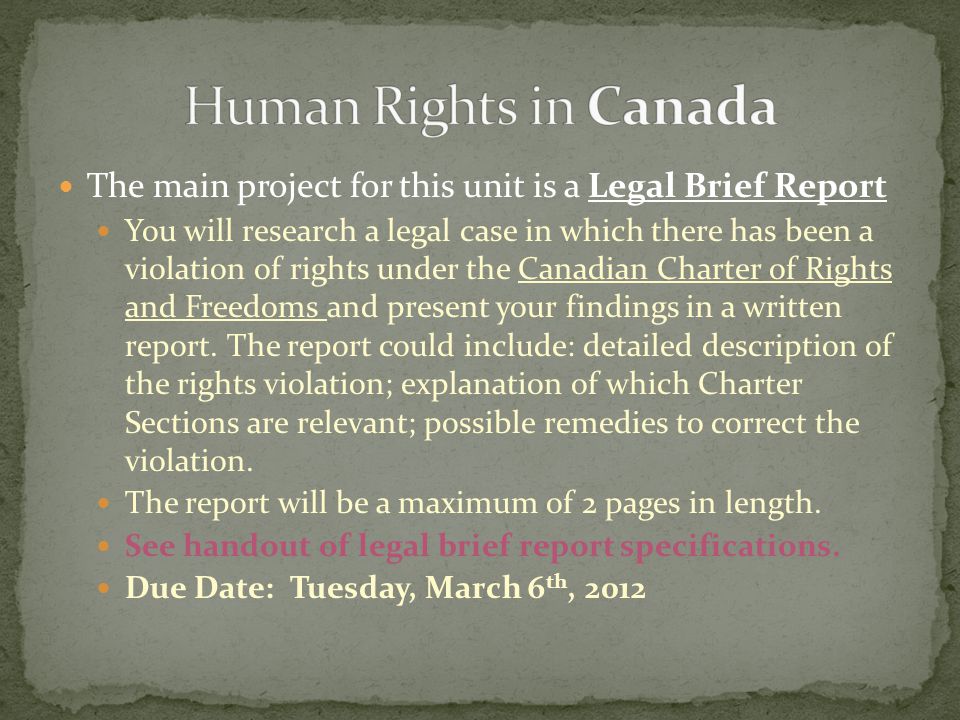 Human Rights in Canada The main project for this unit is a Legal Brief Report.