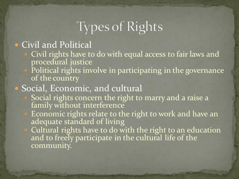 Types of Rights Civil and Political Social, Economic, and cultural