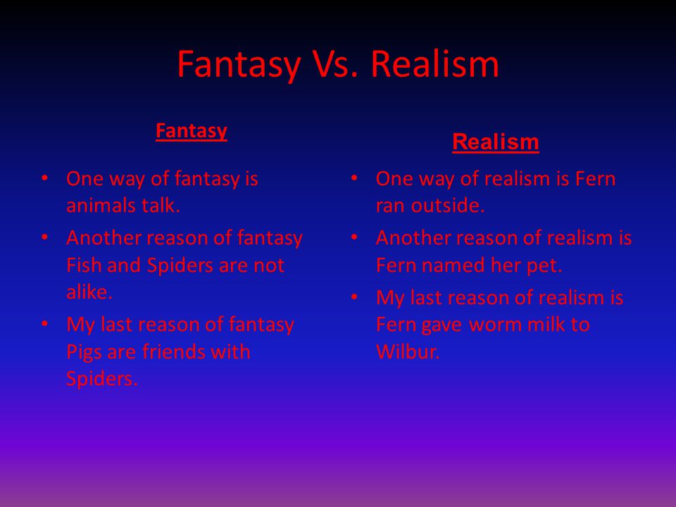 Fantasy Vs. Realism Fantasy Realism